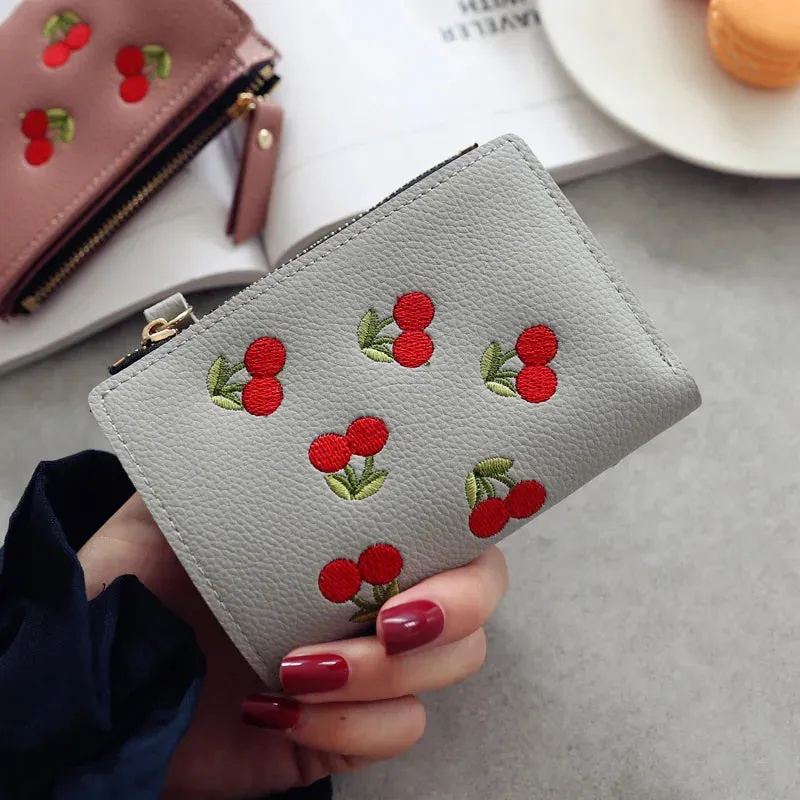 🍒 Kawaii Cherry Embroidered Mini Wallet 🌟 Cute PU Leather Card Holder for Trendy Students!