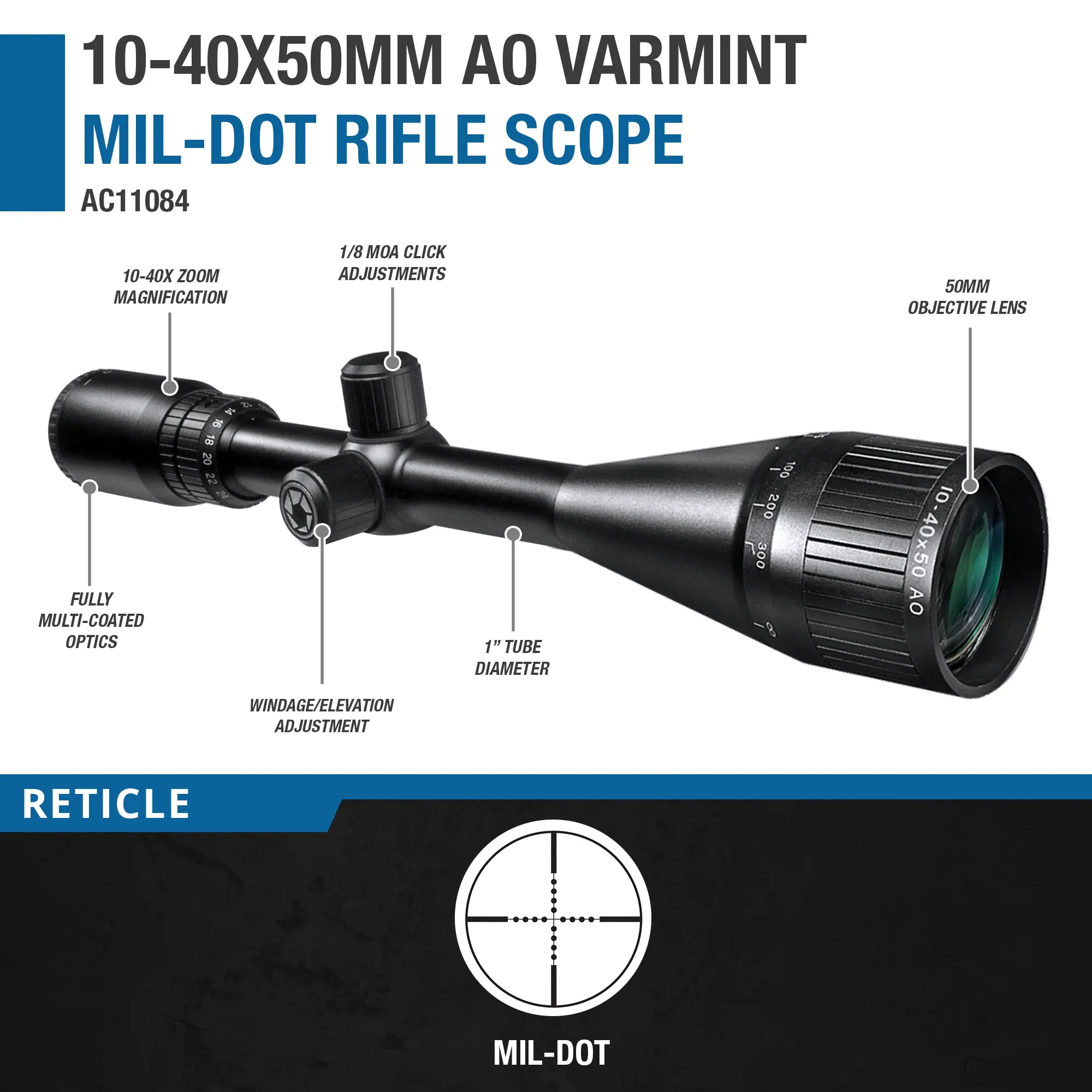 10-40x50mm Varmint AO Mil-Dot Rifle Scope | AC11084