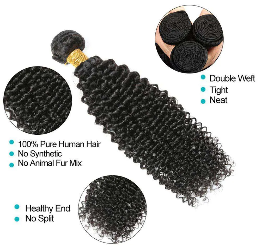 10A Kinky Curly Hair 4 Bundles With Closure Brazilian Hair Natural Color