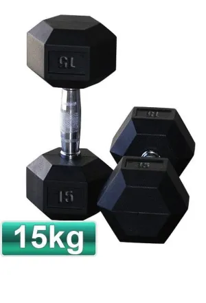 15KG PAIR OF RUBBER HEX DUMBBELLS