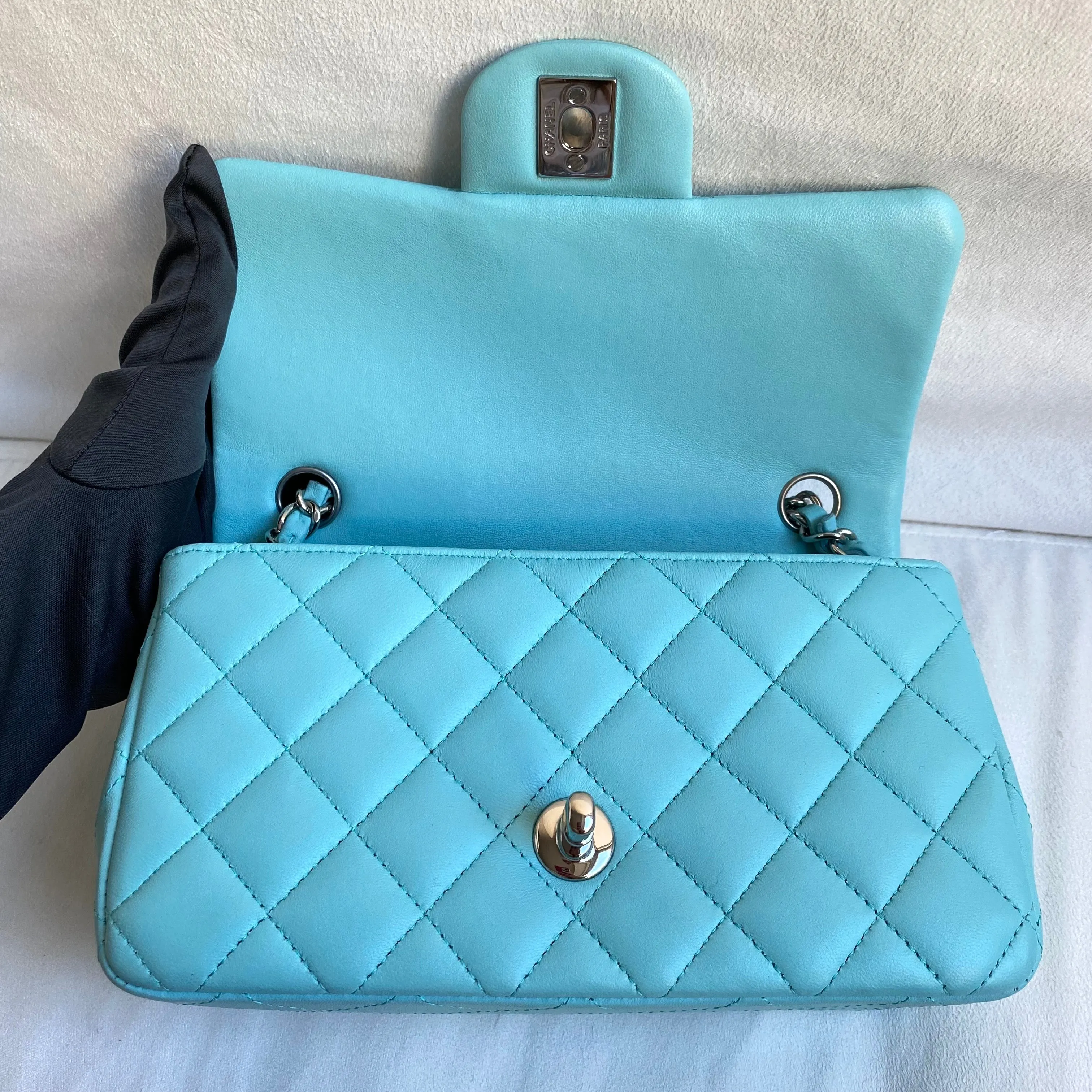 19C Tiffany Blue Lambskin Mini Rectangular Flap Bag