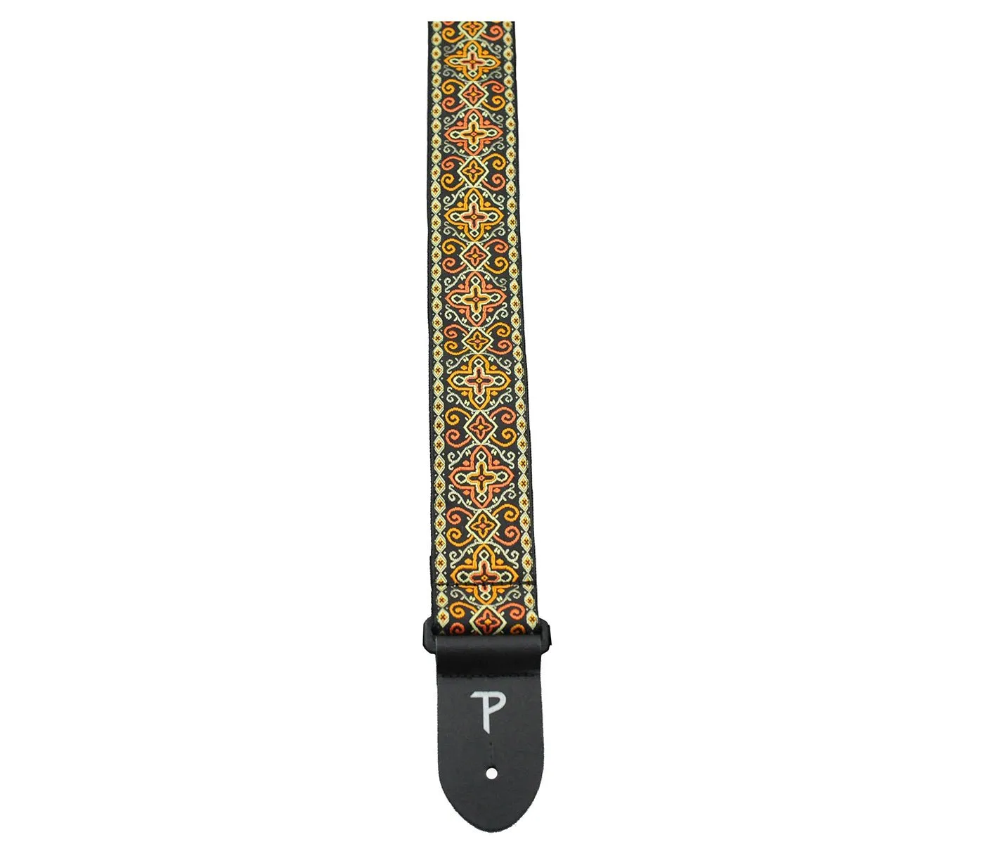2” ORANGE / BLACK CROSS DESIGN JACQUARD GUITAR STRAP WITH LEATHER ENDS