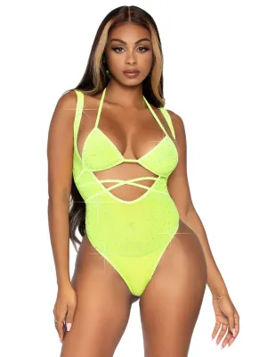 2 PC Rhinestone Mesh Wrap Top and Bodysuit Neon Green