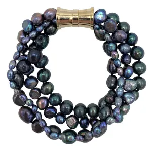 202-10-G | BLACK 4-STRAND BAROQUE MIX PEARL BRACELET (GOLD)