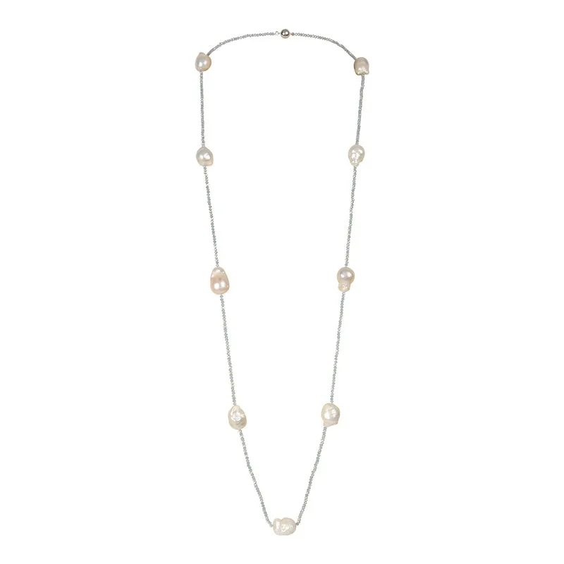 404-25 | LITE BLUE CRYSTAL & WILD PEARL NECKLACE 44"