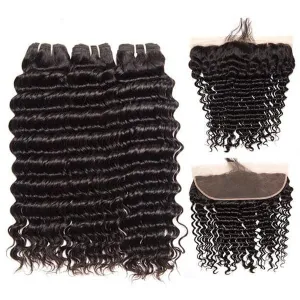 Alipop Hair Deep Wave 3 Bundles with Frontal 100% Virgin Human Hair  Natural Color