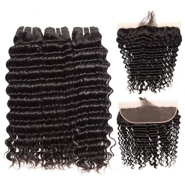 Alipop Hair Deep Wave 3 Bundles with Frontal 100% Virgin Human Hair  Natural Color