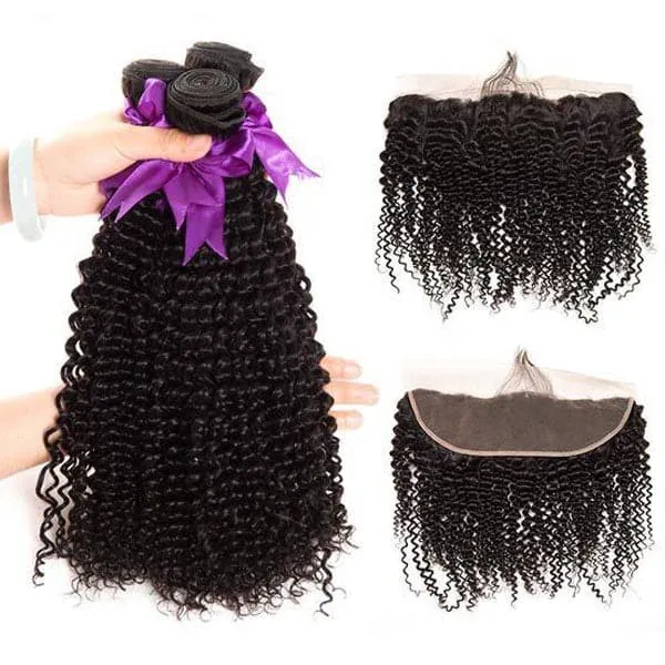 Alipop Hair Kinky Curly Human Hair Bundles 3 Bundles With Frontal 100% Unprocessed Virgin Kinky Curly Hair Bundles Natural Color