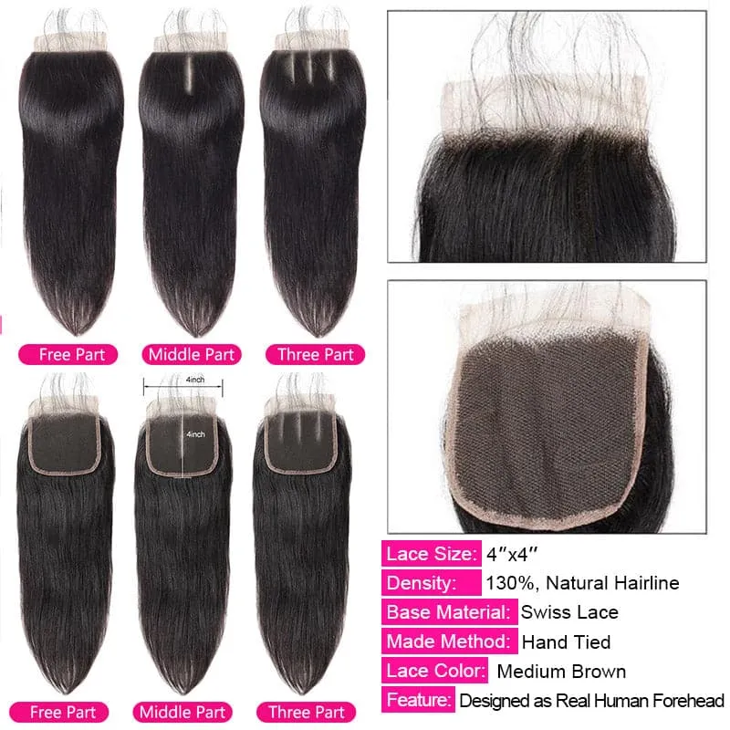 Alipop Hair Straight Bundles With Closure Human Hair 3 Bundles With Closure 4*4 Lace Closure