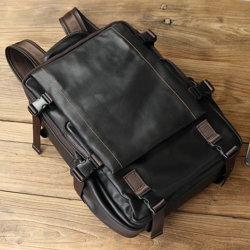 All Black Leather Transit Backpack 16 inches Laptop Bag Work Backpack