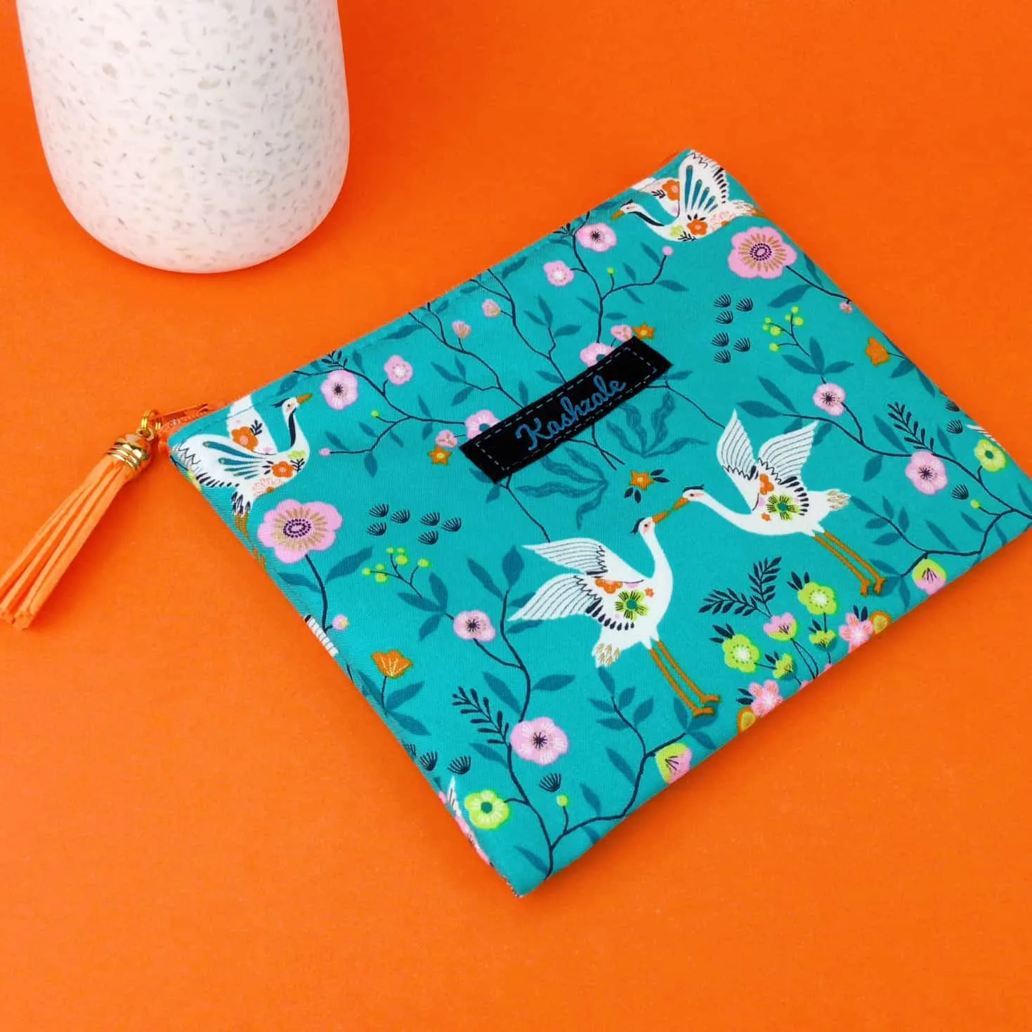 Aqua Cranes Small Clutch, Small makeup bag. Aqua Makeup Bag
