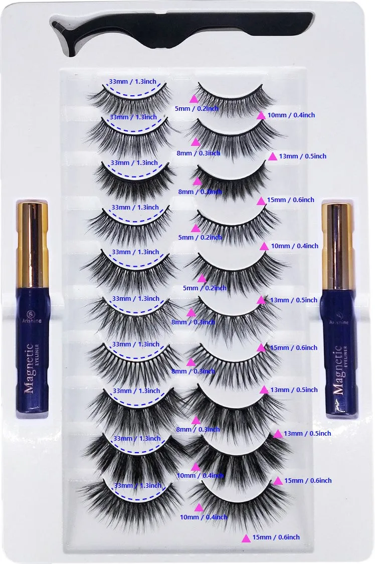 Arishine Gorgeous and Flawless 10 Different Pairs of False Magnetic Eyelashes and Eyeliner Kit with Applicator Tool