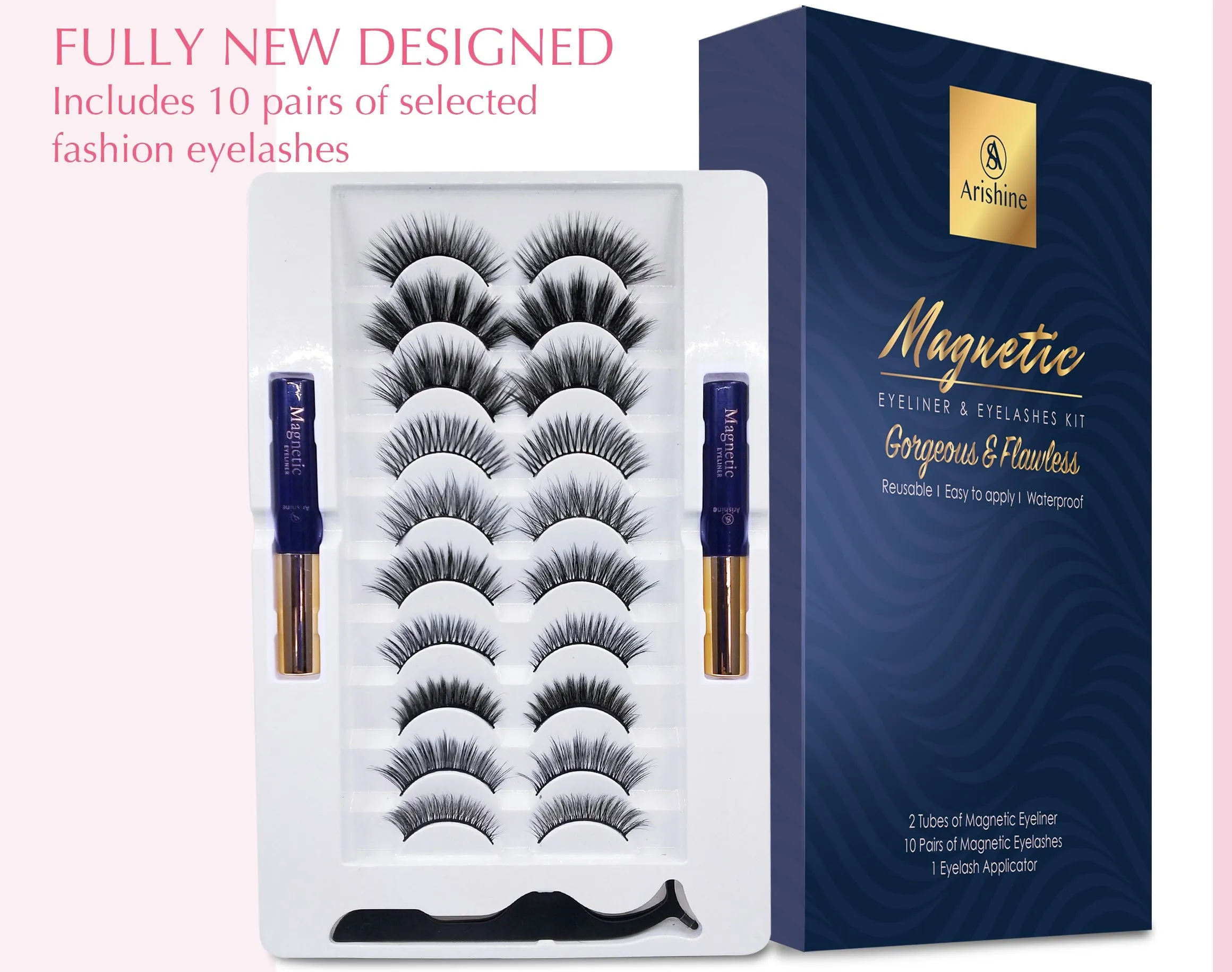 Arishine Gorgeous and Flawless 10 Different Pairs of False Magnetic Eyelashes and Eyeliner Kit with Applicator Tool