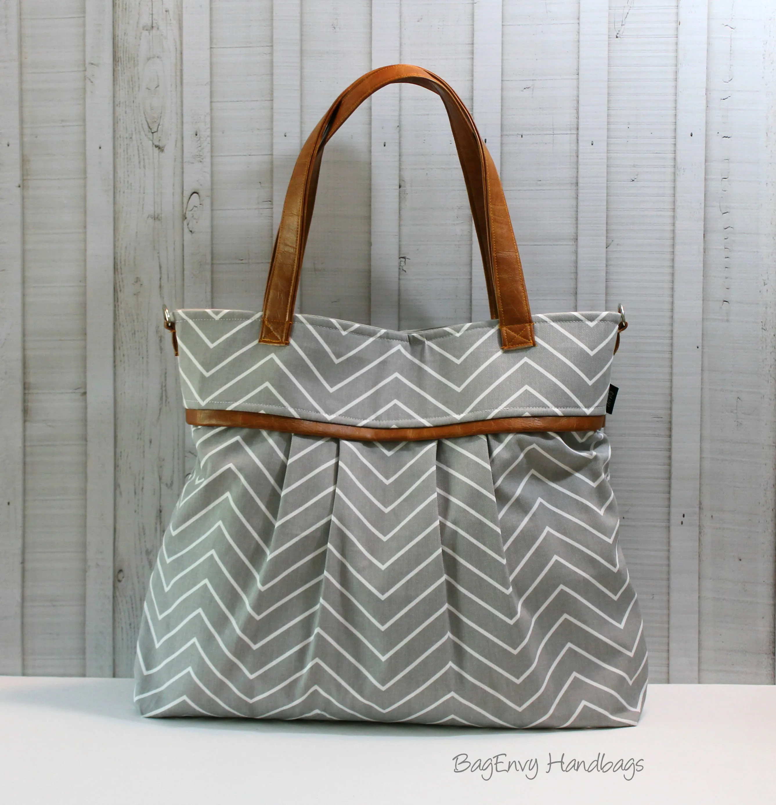BagEnvy Handbags -Monterey Large Diaper Bag - with Vegan Leather -  In Grey Skinny Chevron  - or Custom Design Your own