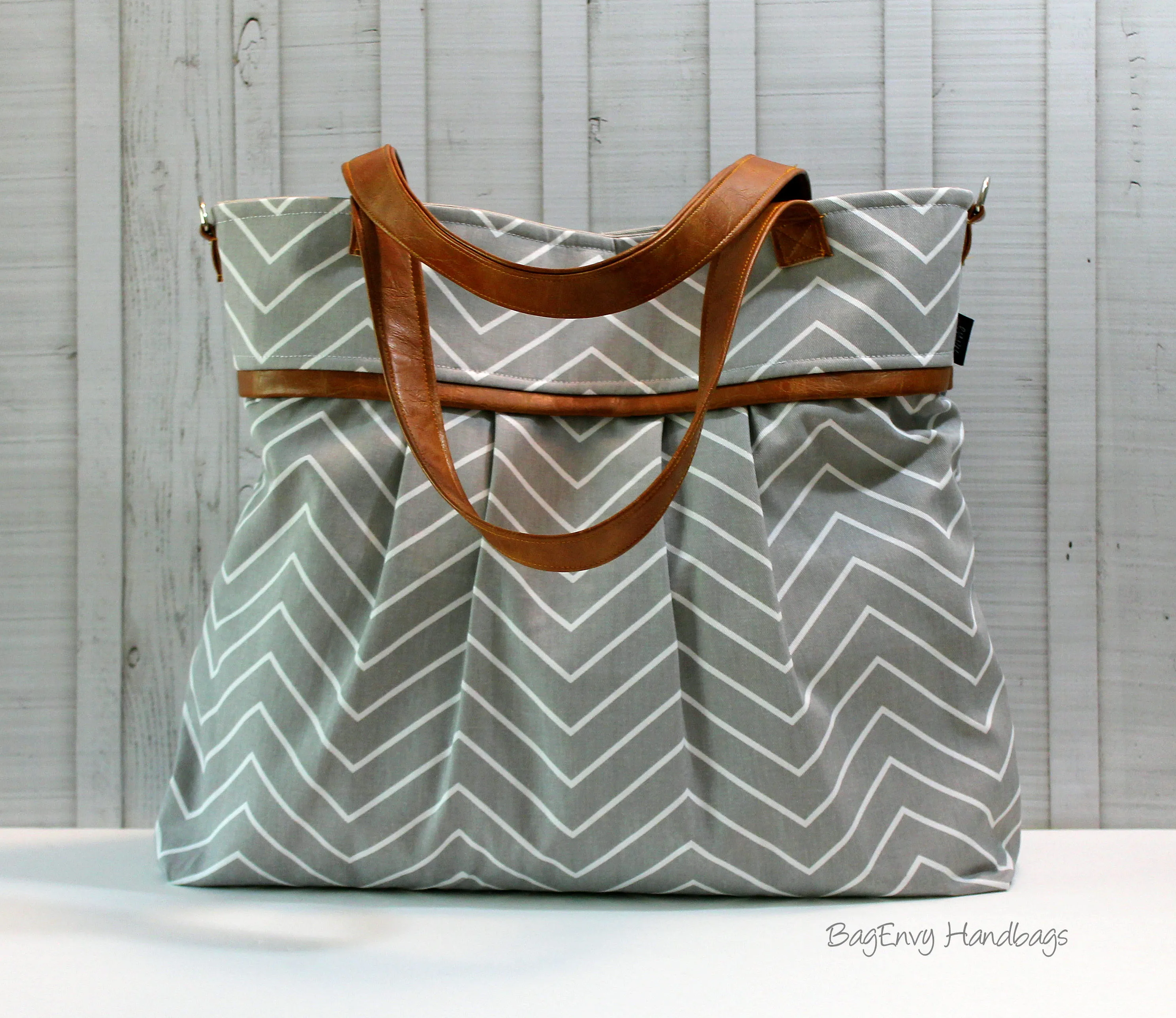 BagEnvy Handbags -Monterey Large Diaper Bag - with Vegan Leather -  In Grey Skinny Chevron  - or Custom Design Your own