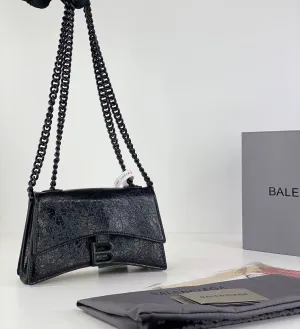 Balenciaga Hourglass Chain Bag in Black Crinkled Leather