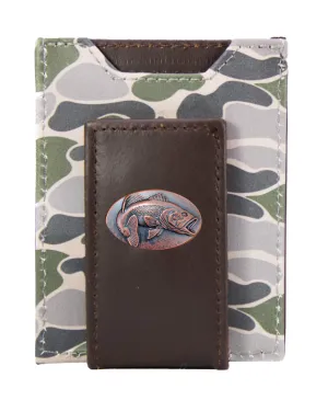 Bass Men's Magnetic Front Pocket Old School Camo Leather Wallet.