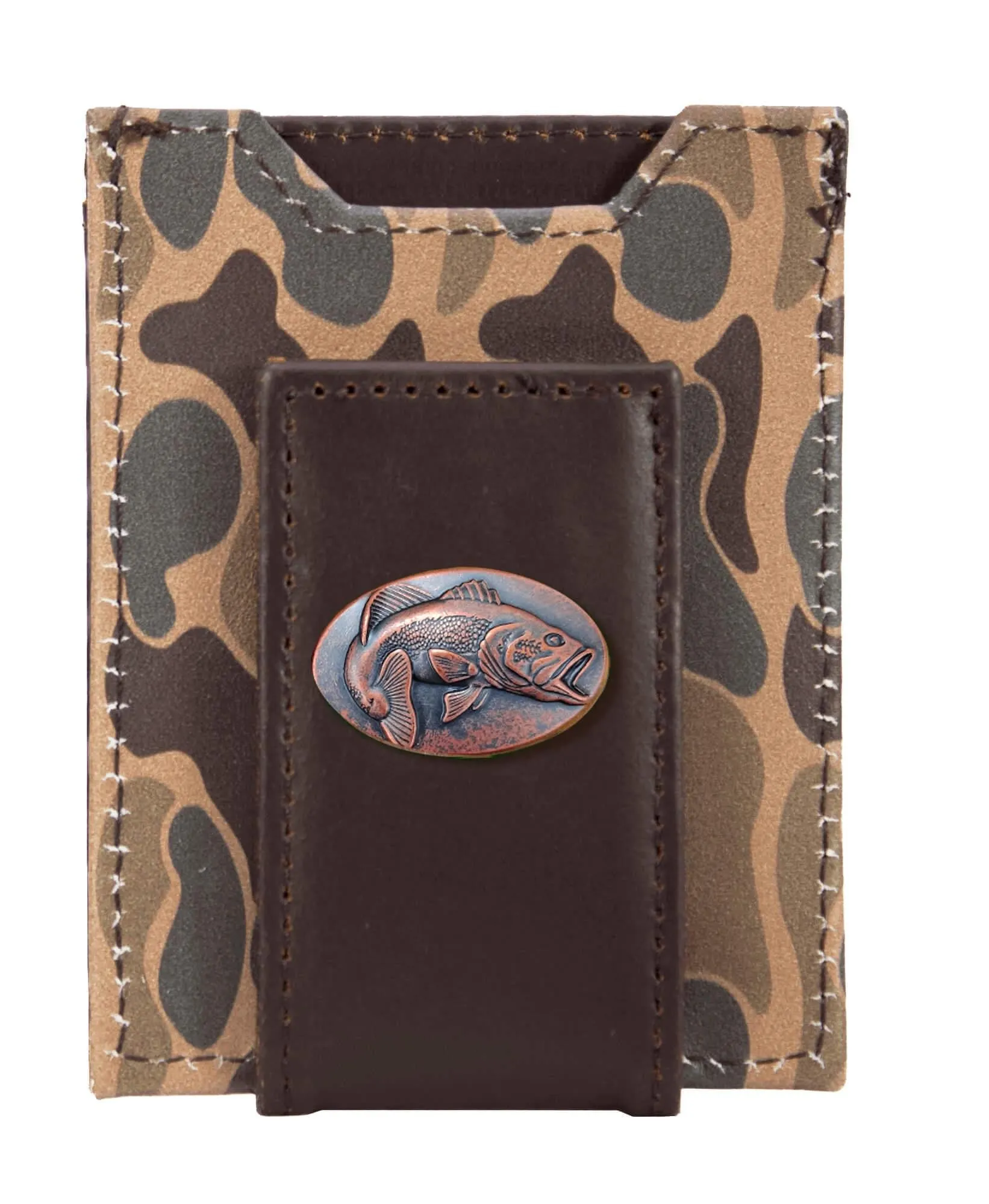Bass Men's Magnetic Front Pocket Old School Camo Leather Wallet.