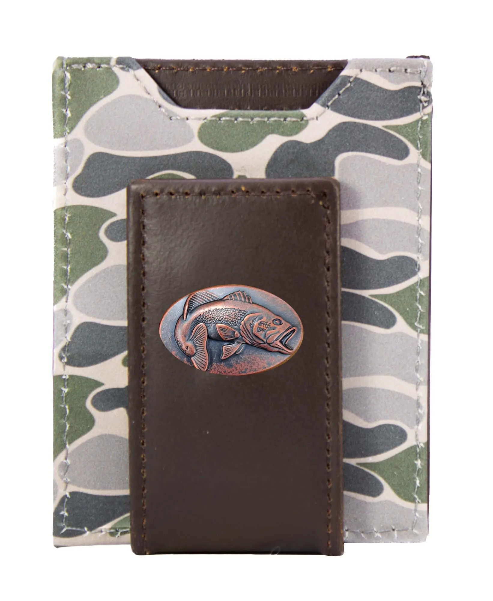 Bass Men's Magnetic Front Pocket Old School Camo Leather Wallet.