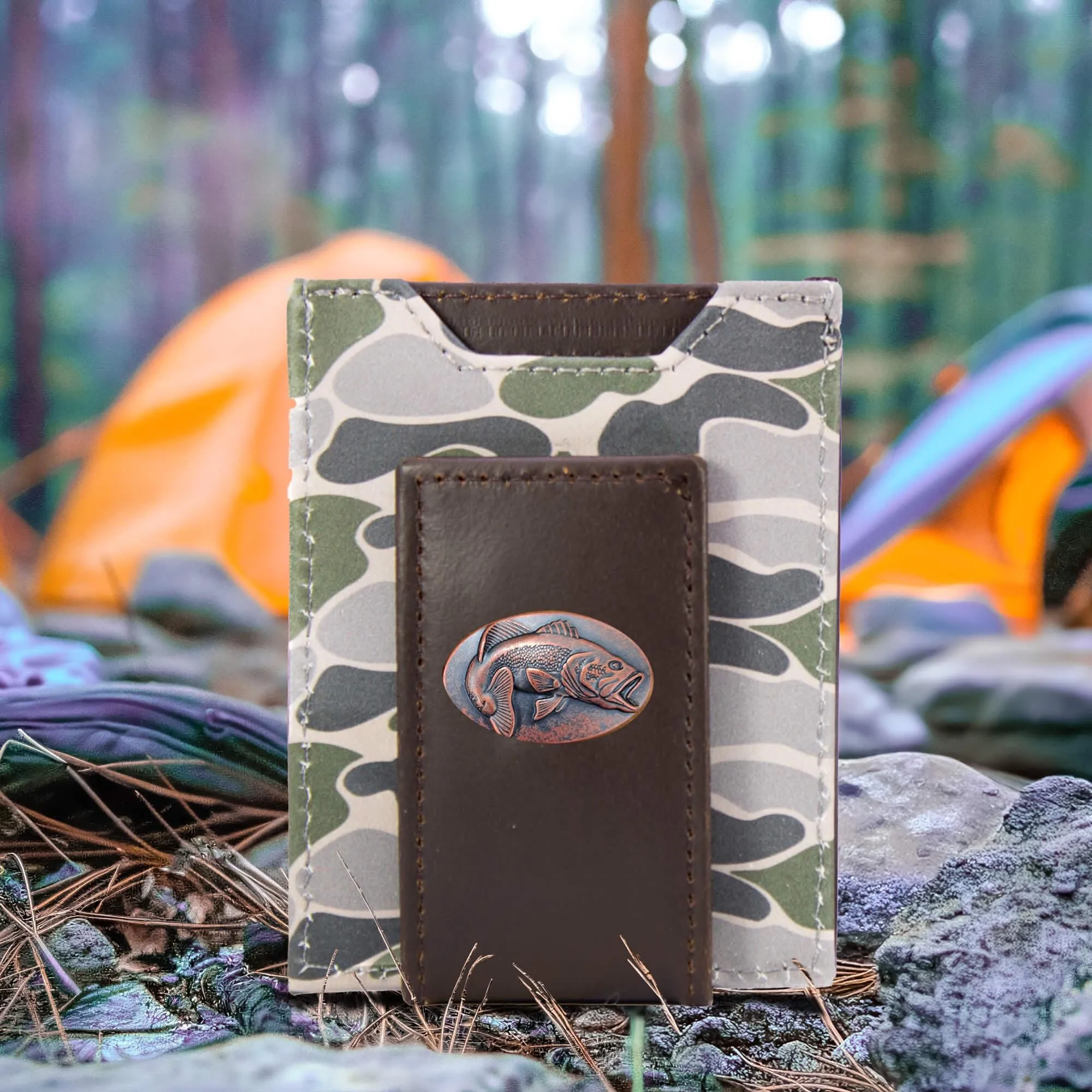 Bass Men's Magnetic Front Pocket Old School Camo Leather Wallet.