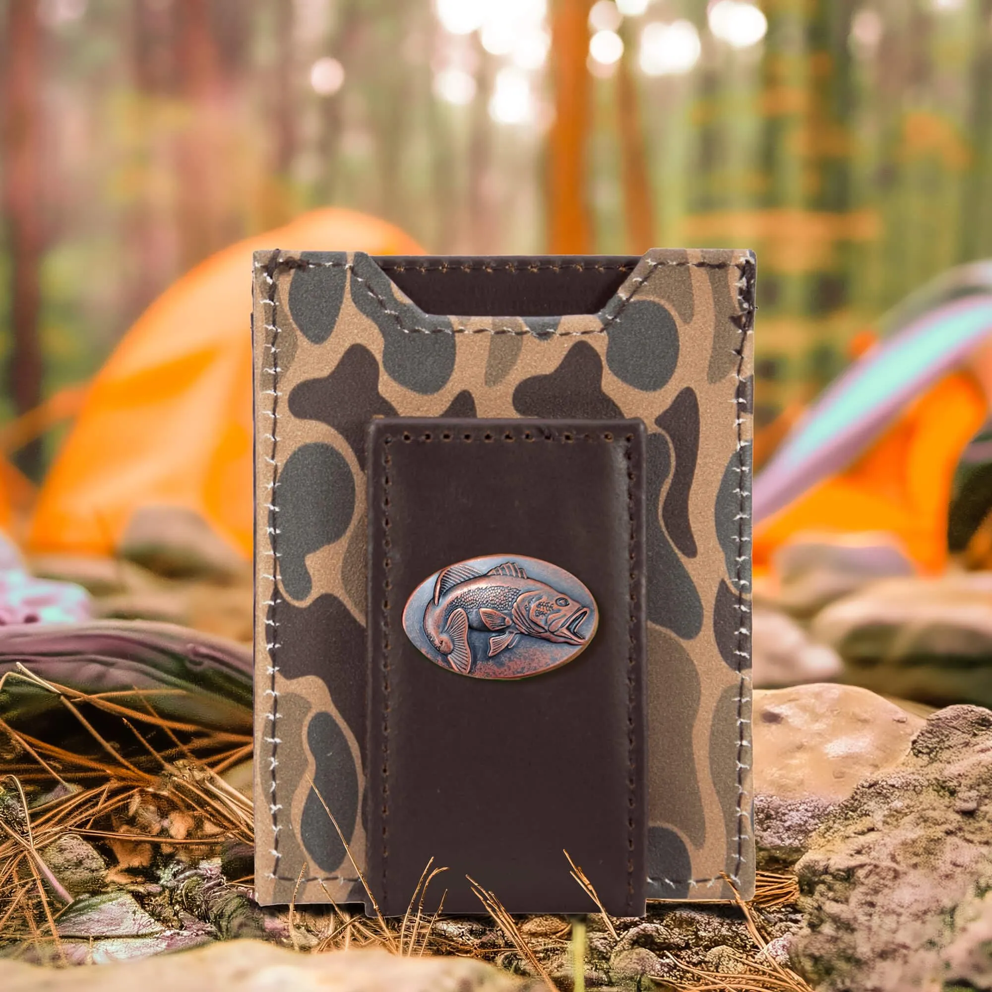 Bass Men's Magnetic Front Pocket Old School Camo Leather Wallet.