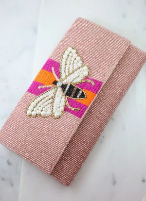 Beaded Bee Crossbody/Clutch: Pink