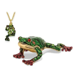 Bejeweled Green Pond Tree Frog Trinket Box