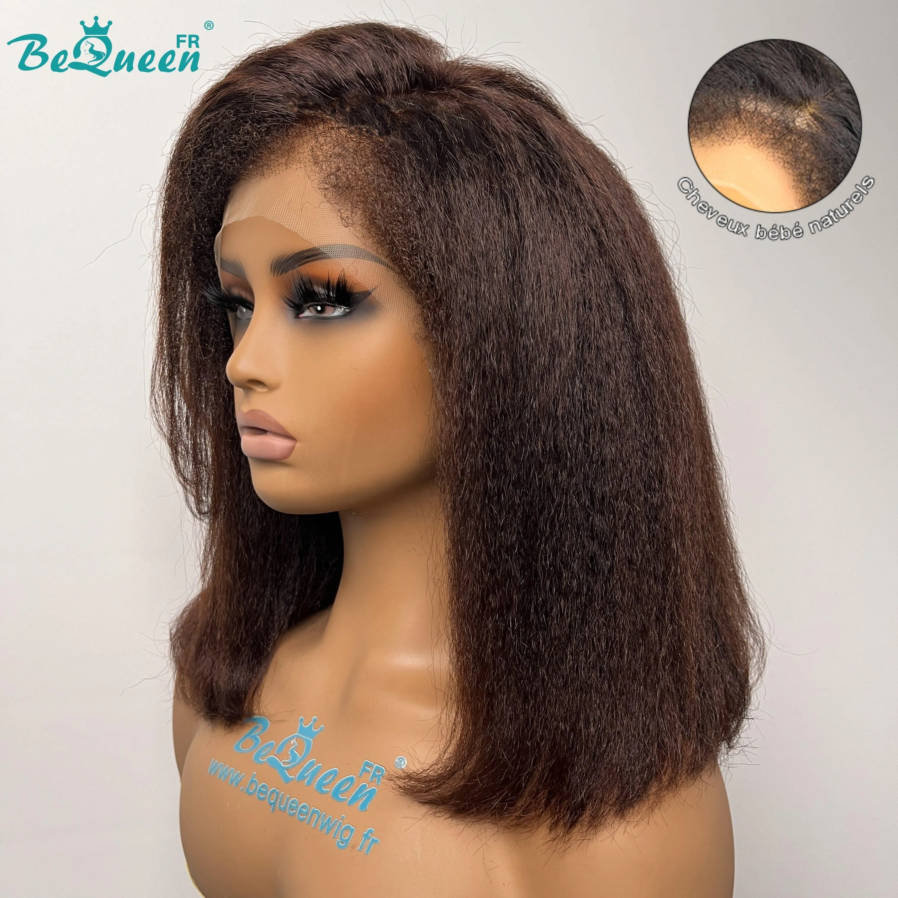 BeQueen “Klaus” Perruque Bob Couleur Brun Bords Bouclés Kinky Straight avec Lace frontale 13x4