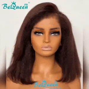BeQueen “Klaus” Perruque Bob Couleur Brun Bords Bouclés Kinky Straight avec Lace frontale 13x4