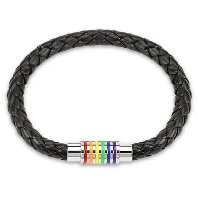 Black Braided Leather Bracelet with Magnetic Rainbow Striped Closure