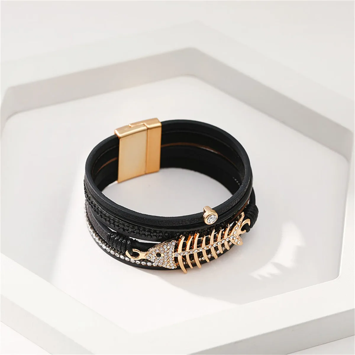 Black Polystyrene & Cubic Zirconia 18K Gold-Plated Fishbone Multi-Strand Bracelet