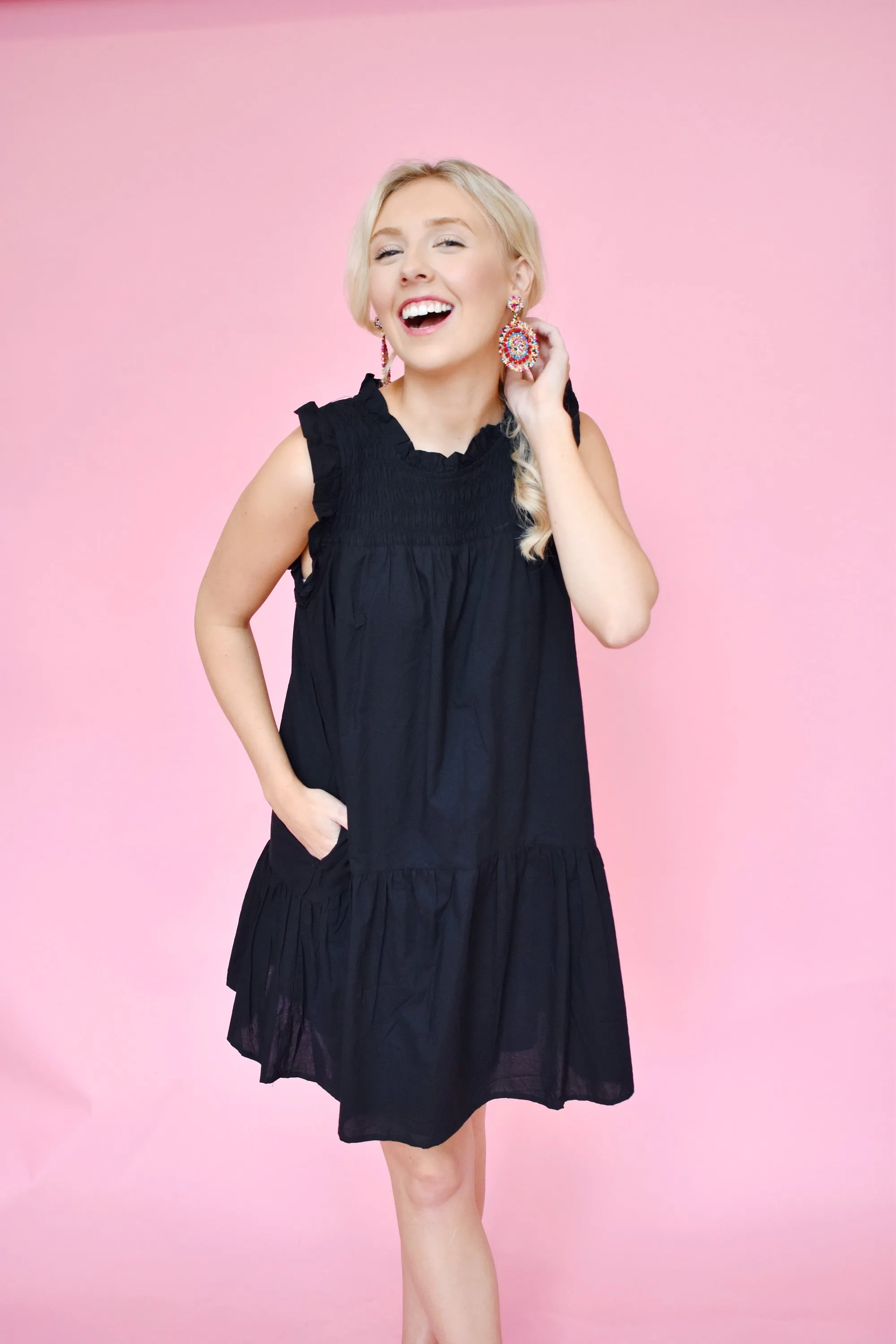 Black Smock Detail Ruffle Dress