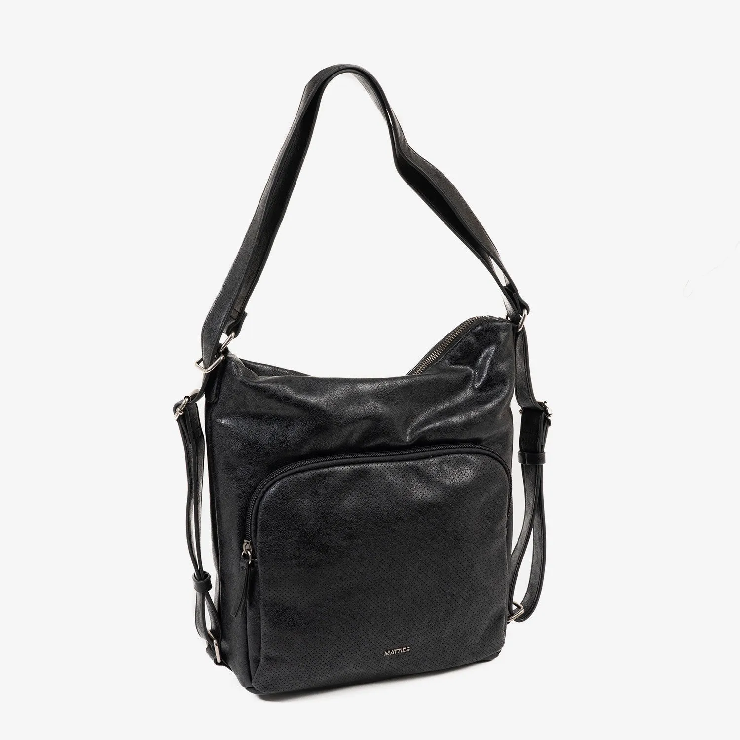 BOLSO DE HOMBRO CONVERTIBLE EN MOCHILA, COLOR NEGRO, SERIE ALMERIA. 25x30x10.5 CM