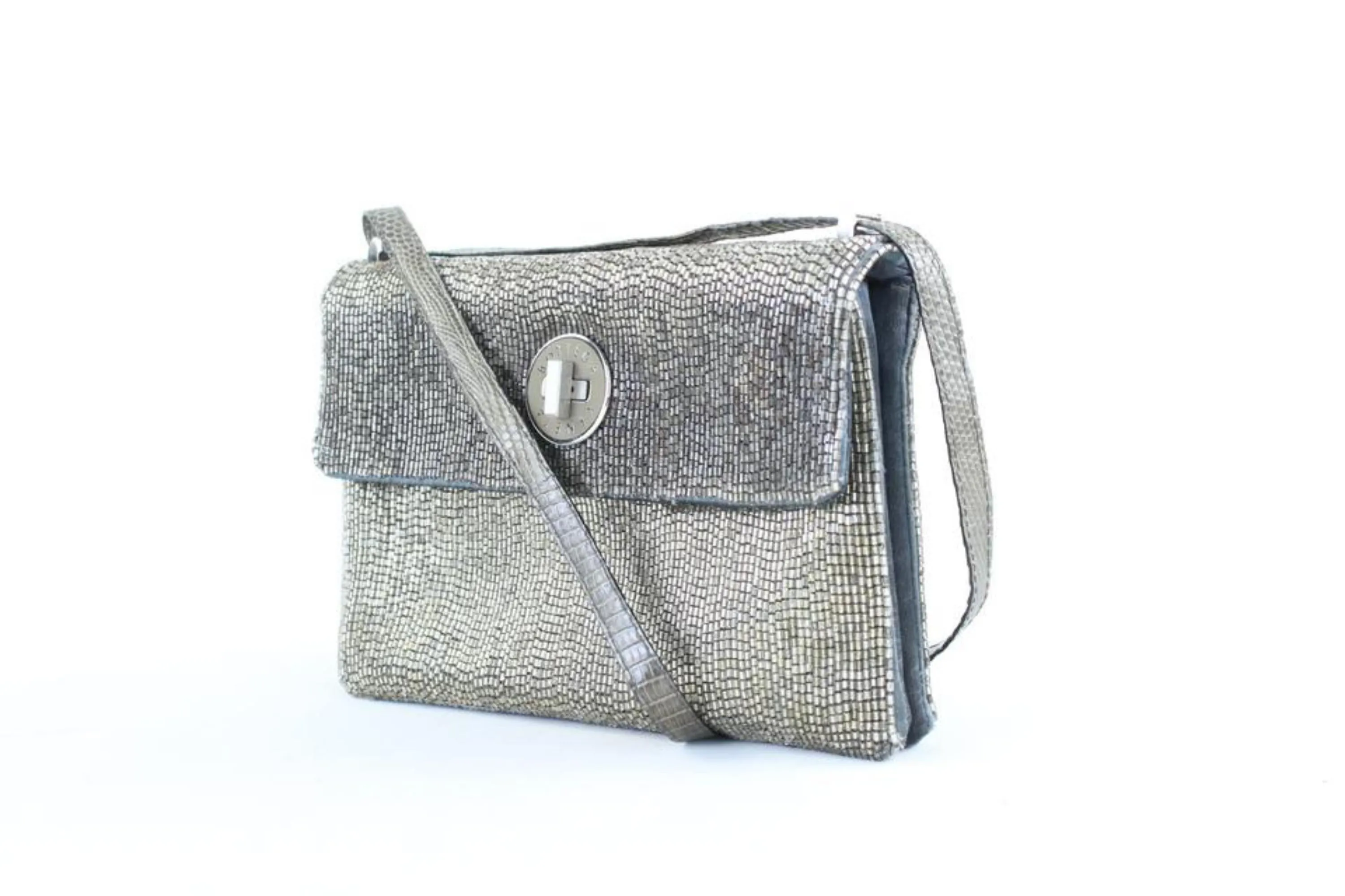Bottega Veneta Silver Sequin Beaded Crossbody Turnlock Flap 1BV824