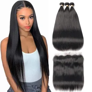 Brazilian Straight Bundles With 13×4 Lace Frontal 10A Grade 100% Human Remy Hair MYLOCKME