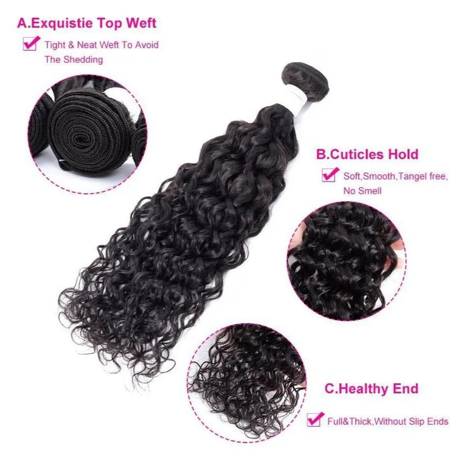Brazilian Water Wave 4 Bundles With 4×4 Lace Closure 10A Grade 100% Human Remy Hair MYLOCKME