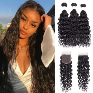 Brazilian Water Wave Bundles With 4×4 Closure 10A Grade 100% Human Remy Hair MYLOCKME