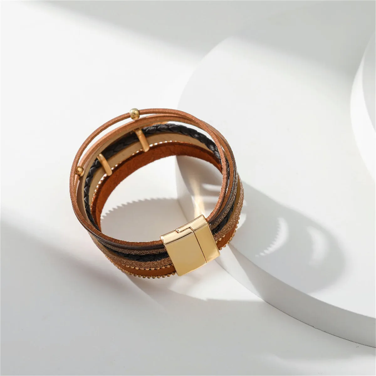 Brown Polystyrene & 18K Gold-Plated Bead Line Leaf-Charm Layered Bangle