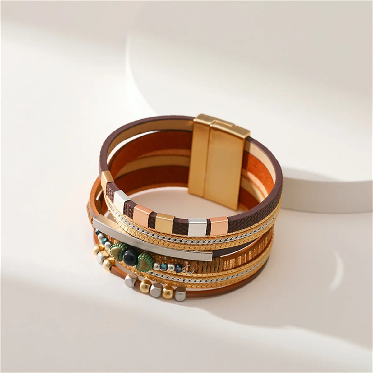 Brown Polystyrene & 18K Gold-Plated Layered Beaded Bracelet