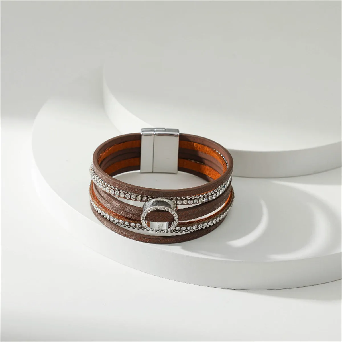 Brown Polystyrene & Cubic Zirconia Silver-Plated Bead-Chain Circle-Charm Bangle