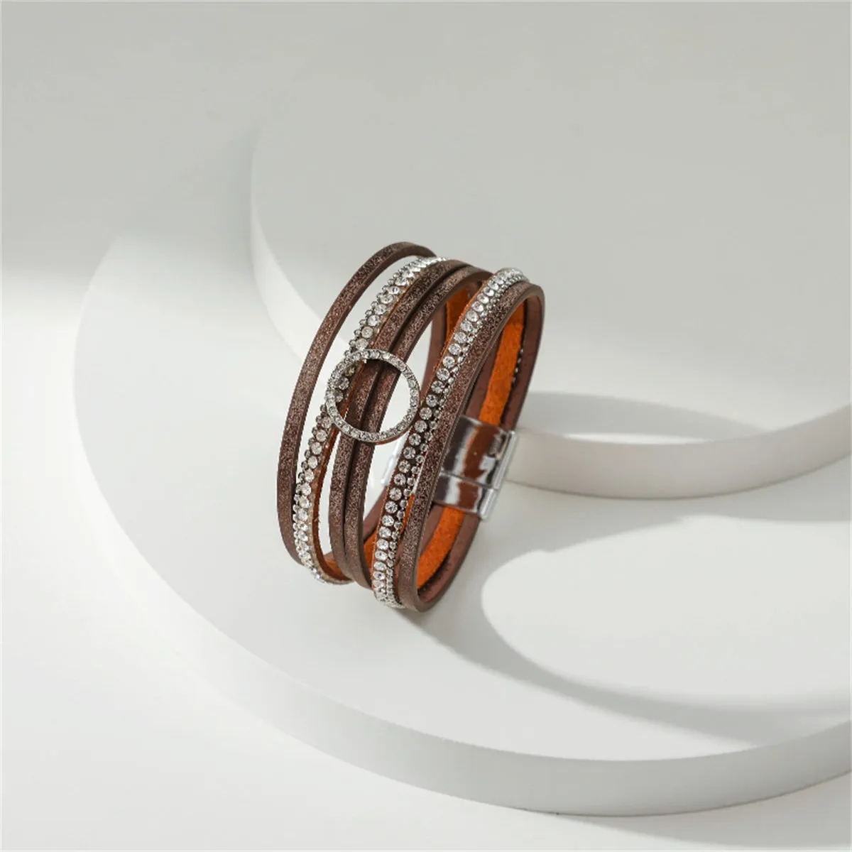 Brown Polystyrene & Cubic Zirconia Silver-Plated Bead-Chain Circle-Charm Bangle