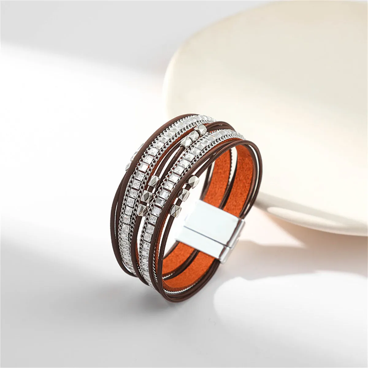 Brown Polystyrene & Silver-Plated Multi-Strand Bracelet