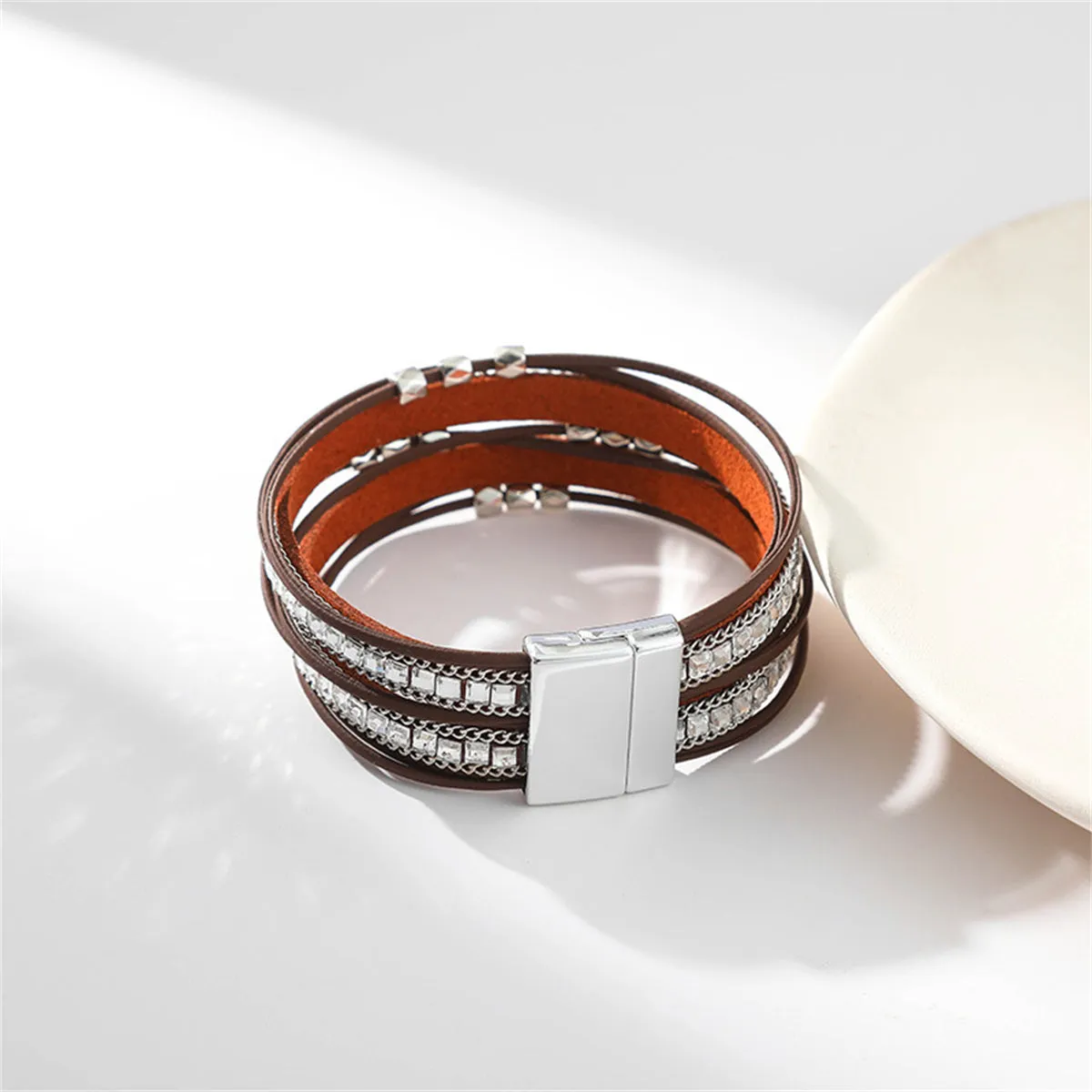 Brown Polystyrene & Silver-Plated Multi-Strand Bracelet
