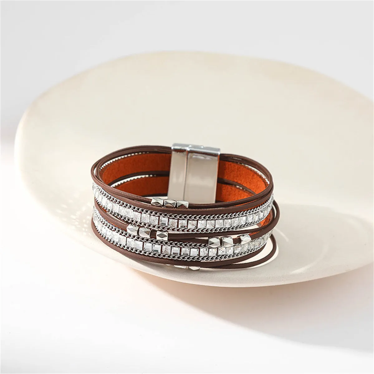 Brown Polystyrene & Silver-Plated Multi-Strand Bracelet