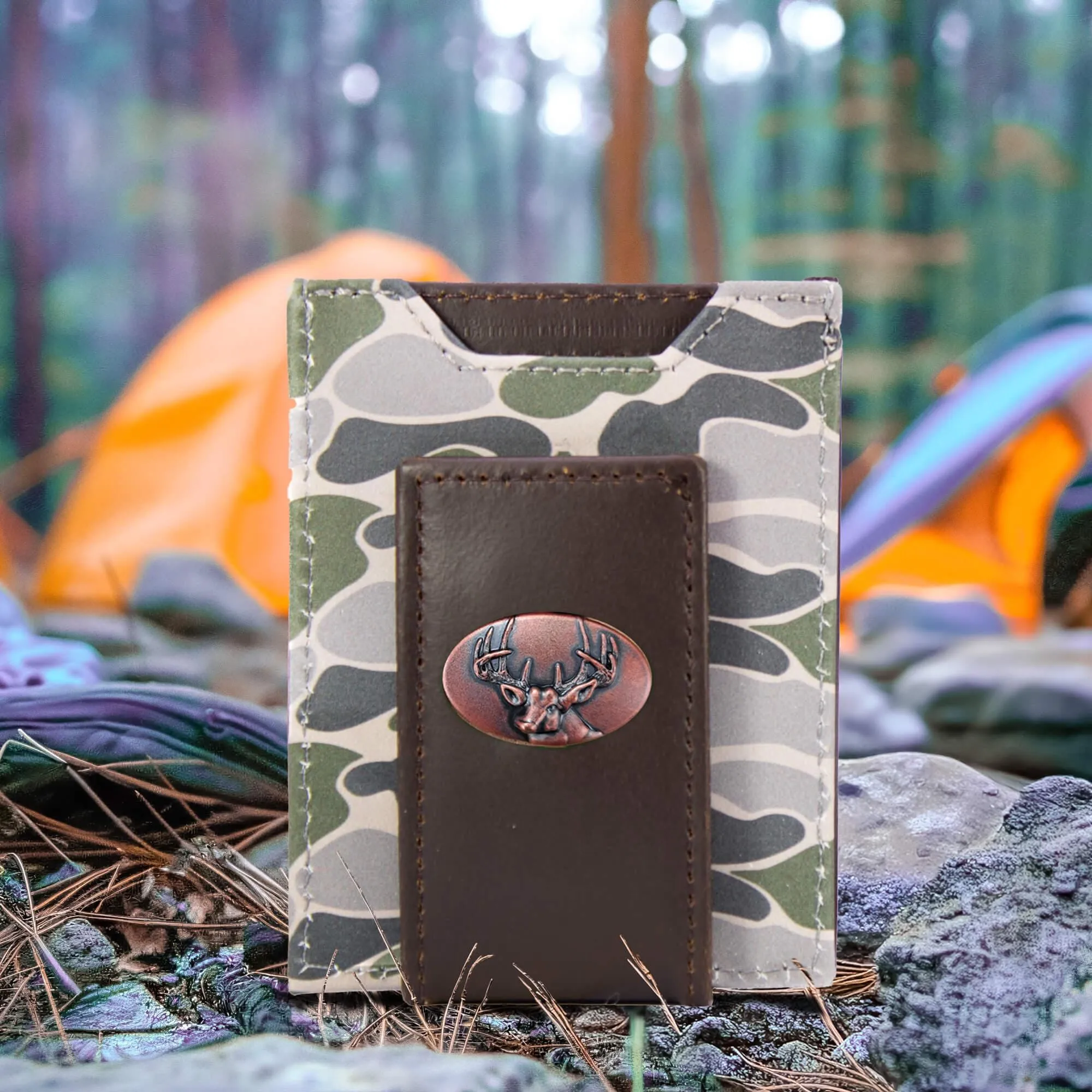 Buck Men's Magnetic Front Pocket Old School Camo Leather Wallet.