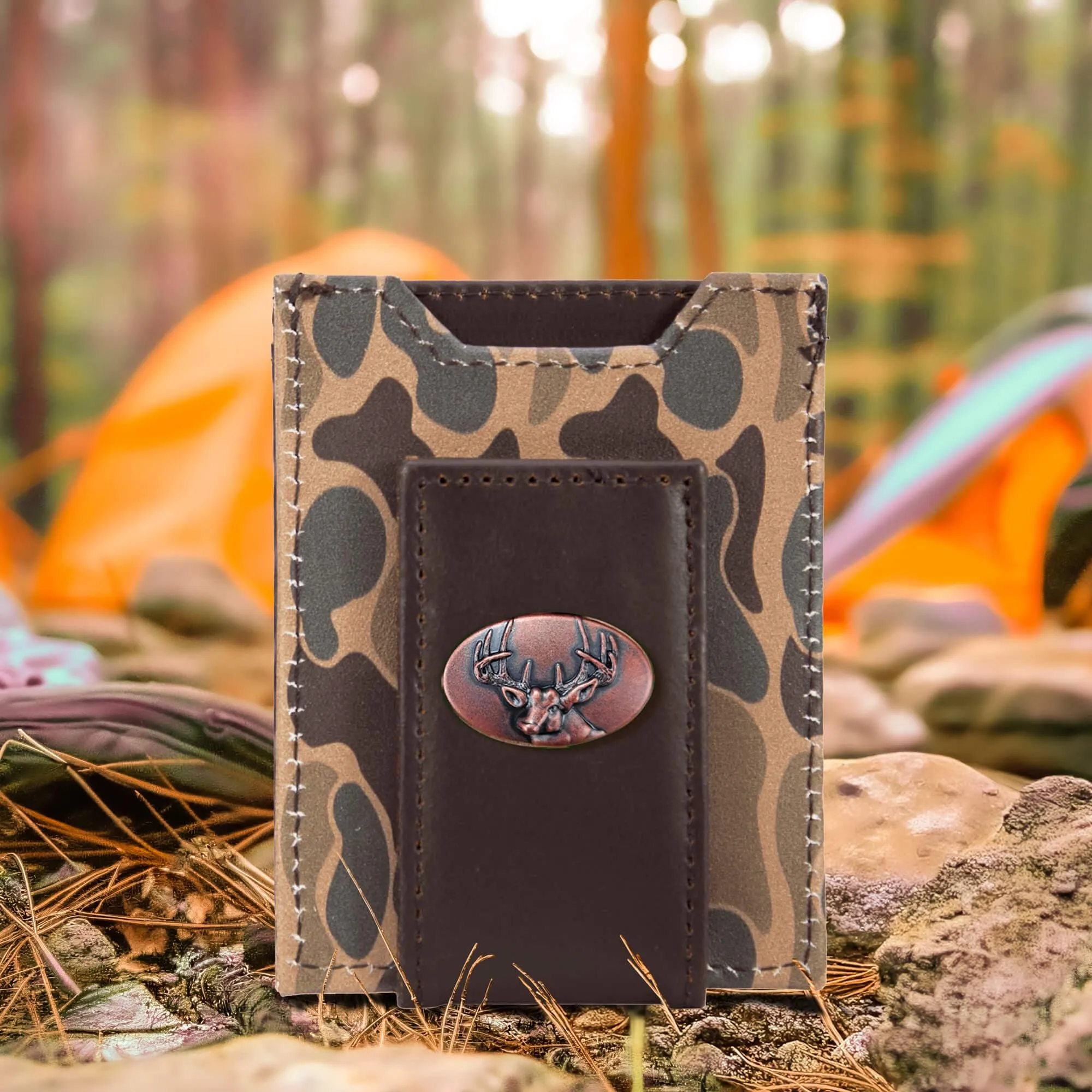 Buck Men's Magnetic Front Pocket Old School Camo Leather Wallet.