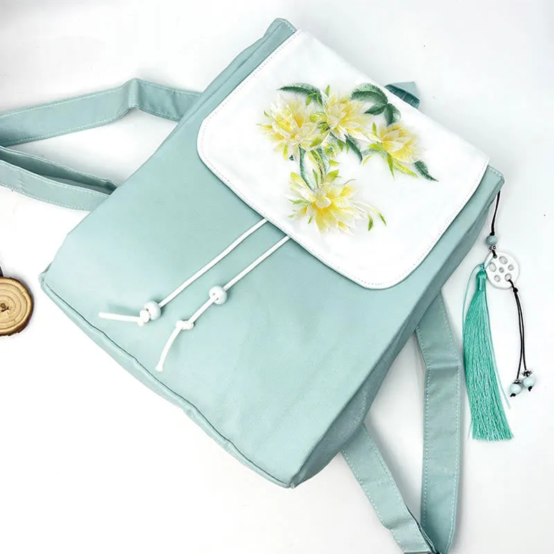 Buddha Stones Handmade Blue Epiphyllum Embroidered Large Capacity Canvas Backpack