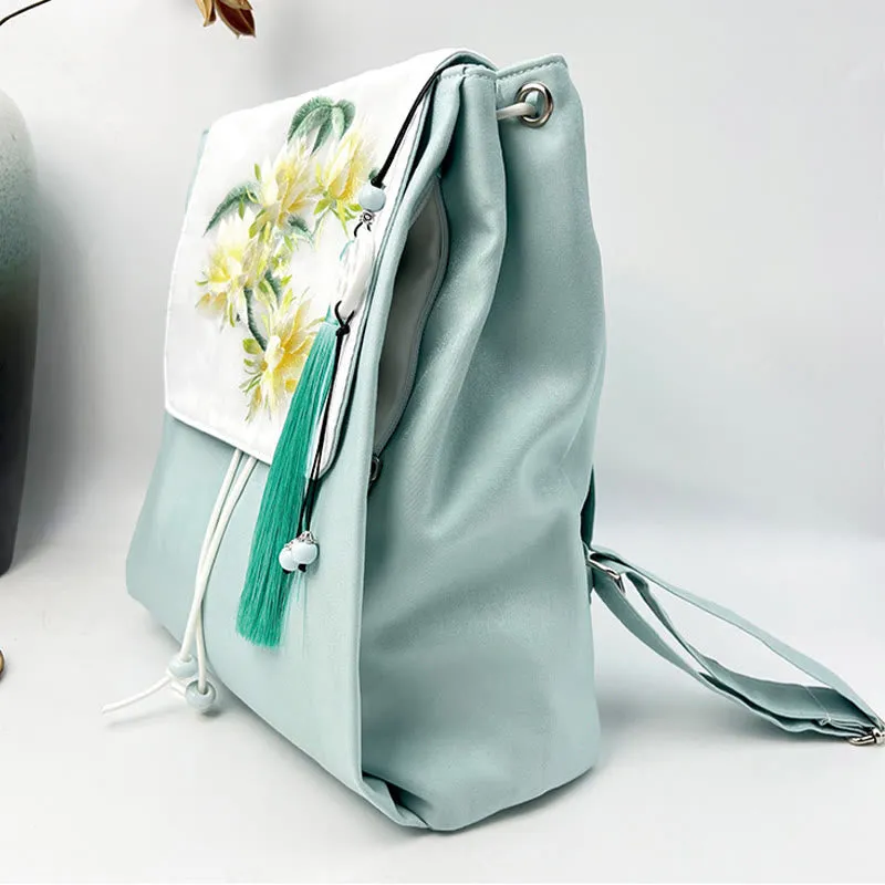 Buddha Stones Handmade Blue Epiphyllum Embroidered Large Capacity Canvas Backpack