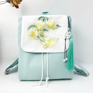 Buddha Stones Handmade Blue Epiphyllum Embroidered Large Capacity Canvas Backpack