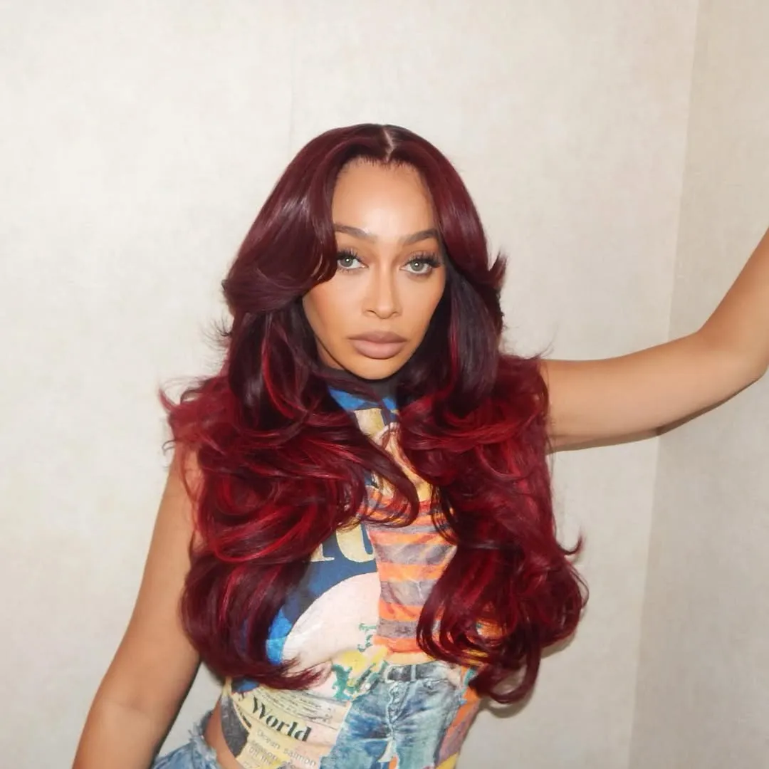 Burgundy and Red Highlight Layered Cut Blowout in Wavy Colored Wigs